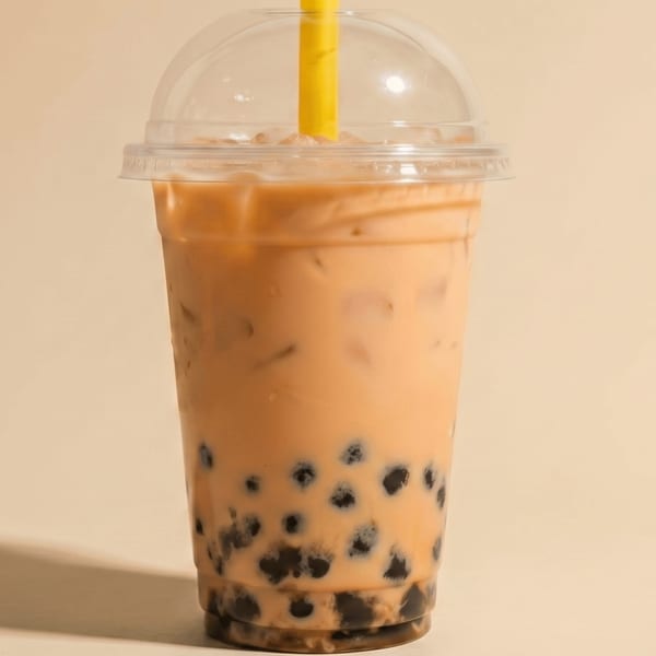 A close-up of a Thai iced tea with boba pearls and a yellow straw in a clear plastic cup.
