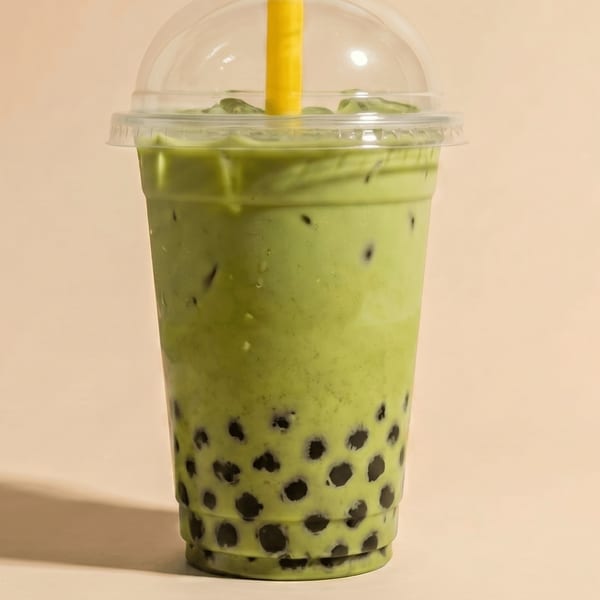 Matcha bubble tea with dark tapioca pearls and a yellow straw in a clear plastic cup.